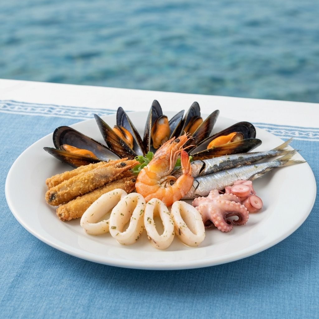 Różnorodne owoce morza dla 2 osób - 45,00 kalmary, smażona anchois, krewetki, sardynki, małże na parze, marynowana anchois, ośmiornica w occie